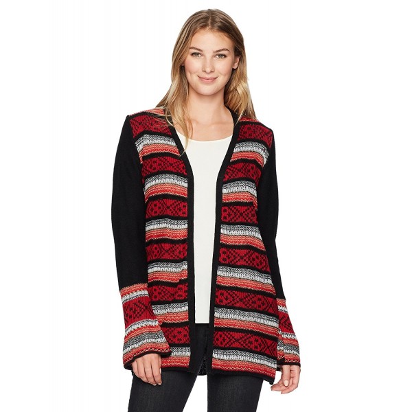 Women's L/s Jacquard Border Hooded Cardigan - Ruby Wine Combo - C41868CDUK8