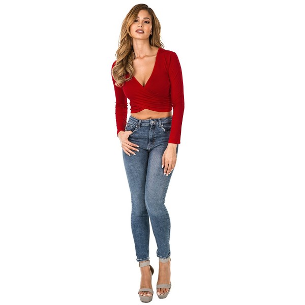 Iliadusa 7028 Womens Deep V Neck Fitted Surplice Wrap Crop Top With Plus Size Red C218725cr05 