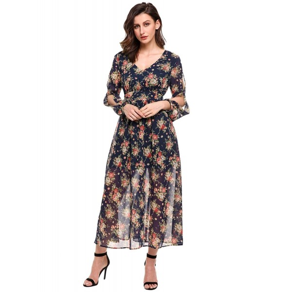 Women V-Neck Long Sleeve High Waist Floral Print Chiffon Wedding Maxi ...