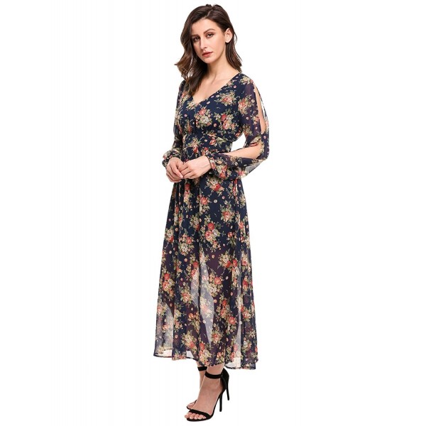 Women V-Neck Long Sleeve High Waist Floral Print Chiffon Wedding Maxi ...