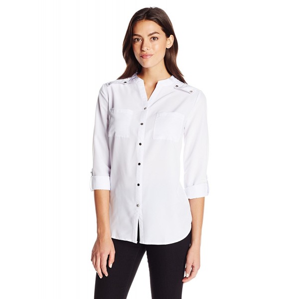 Women's Long Sleeve Rolled To 3/4 Mandarin Collar Shirt - White ...