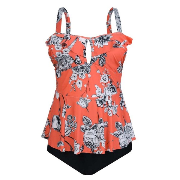 Swimsuit Tankini Vintage Bathing - Orange With Floral Print - CB18D090TI7
