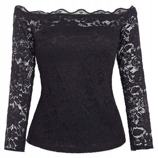 Women's Off Shoulder Floral Lace Top Crochet T-shirt - Black - C517XMMYNG5