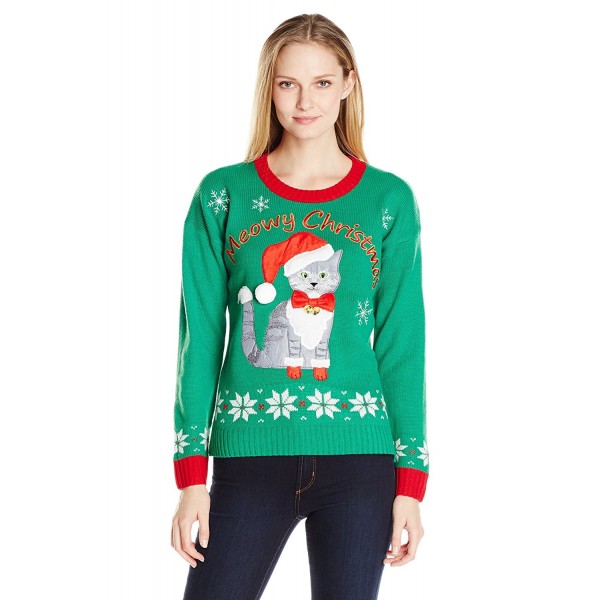 Women's Plus Size Meowy Cat Ugly Christmas Sweater with Bells - Green ...
