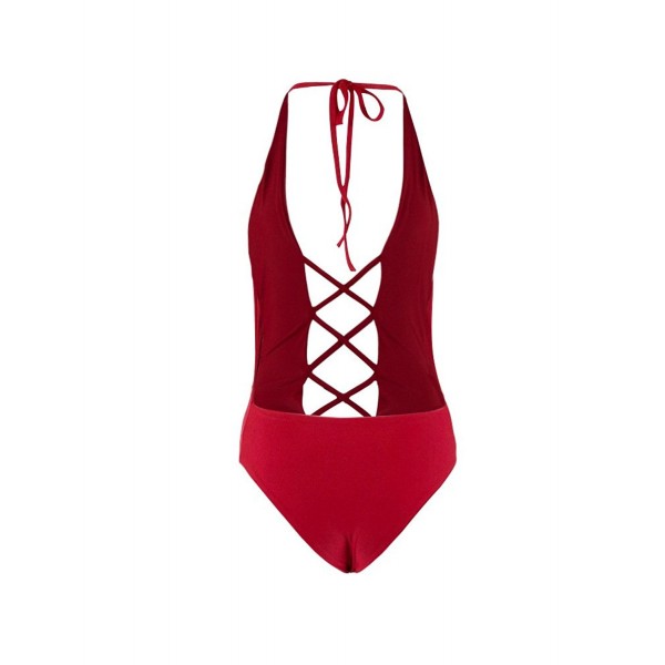 Women's Summer Sexy Lace Up Halter Monokini One Piece Swimsuit - Red ...