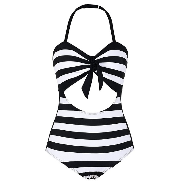 Women's Stripe Halter One Piece Swimsuit Backless Cut Out Monokini ...