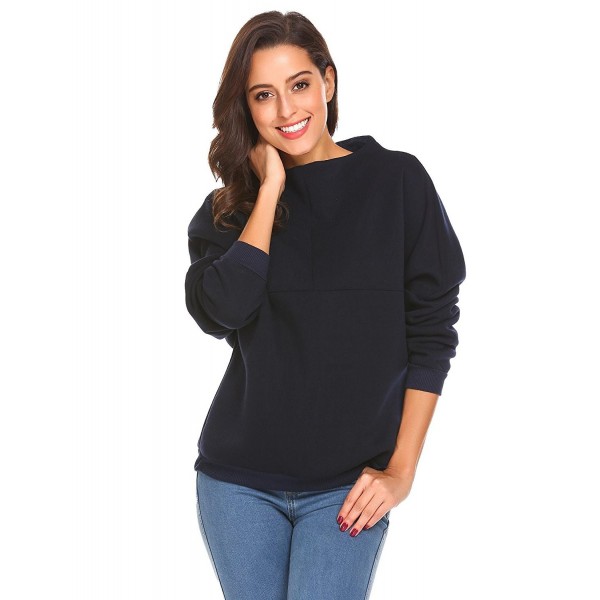 Women's Turtleneck Baggy Sleeves Fleece Sweatshirt Pullover Tops - Navy ...