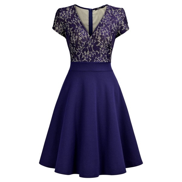 Women's Deep V-Neck Elegant Floral Lace Contrast Cocktail Party Dress ...