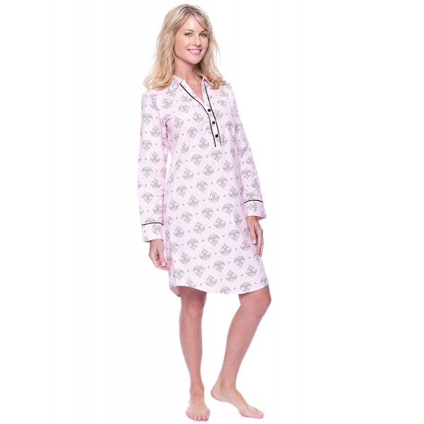 Womens Premium 100% Cotton Flannel Long Sleeve Sleep Shirt - Fleur Pink ...