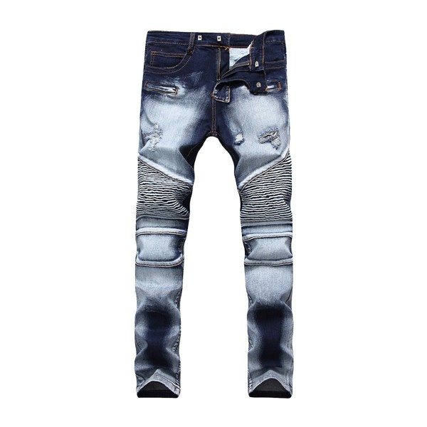 Men's Straight Slim Fit Biker Jeans With Zip - Dark Blue - C4187G528NI