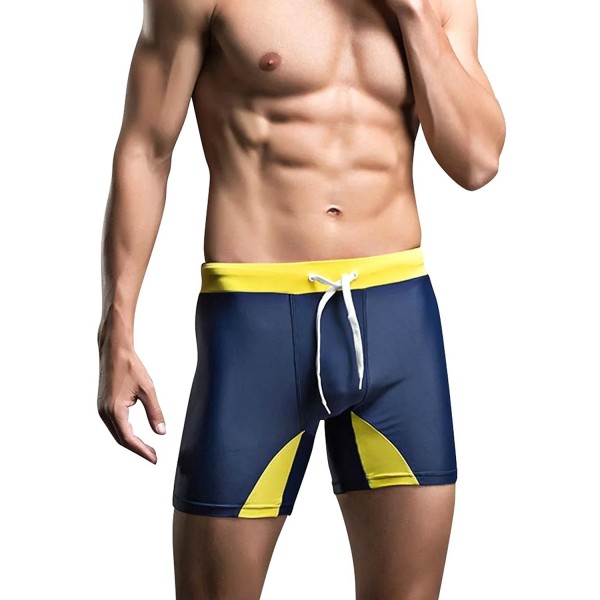 Men's Splicing Square Cut Swimsuit Shorts With Drawstring - Navy Blue ...