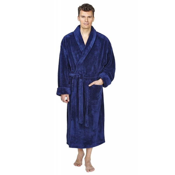 Men's Shawl Fleece Bathrobe Turkish Soft Plush Robe - Navy Blue ...