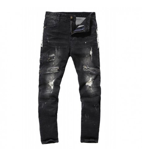 Men's Leather Knee Biker Distressed Destroyed Tapered Ripped Stretch ...