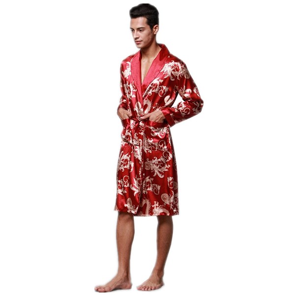 Mens Premium Satin Robe Shawl Collar Kimono Dragon Print Satin Robe ...