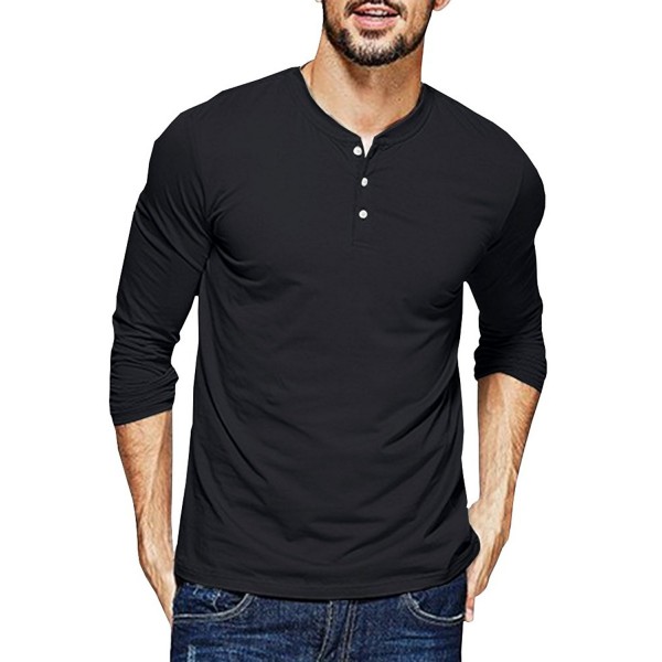 Mens Henley T-Shirts Long Sleeve Crew Neck With Button Slim Fit Plain ...