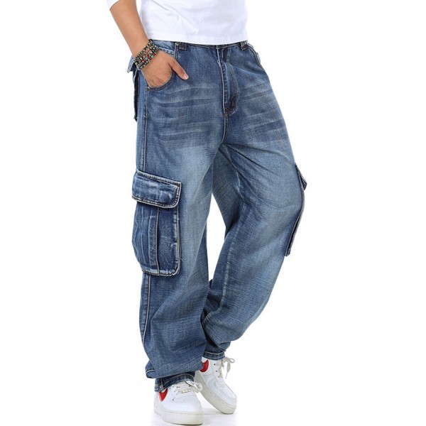 Men's Casual Loose Hip Hop Denim Work Pants Jeans With Cargo Pockets ...